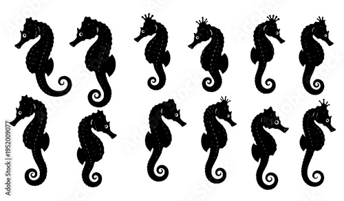 Seahorse silhouette vector set with black sea horse marine animal shapes