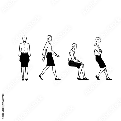 woman in business attire walking and sitting vector illustration