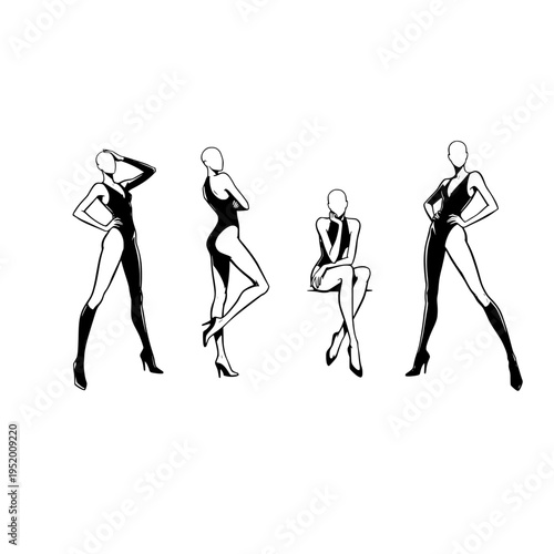 four women in black bodysuits and high heels vector illustration