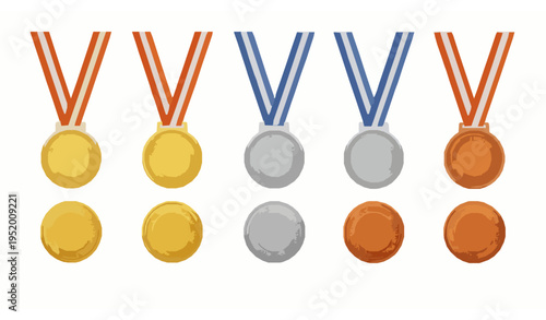 Gold silver and bronze medal vector set with realistic award ribbons