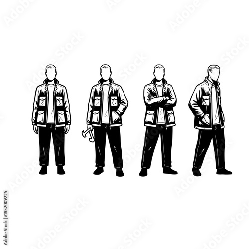 Four men in jackets and pants in different poses