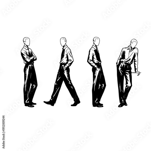 A collection of four stylized ink illustrations of men in formal shirts and trousers posing alone