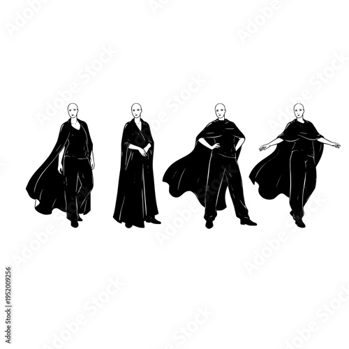 four people in black clothes with capes vector illustration