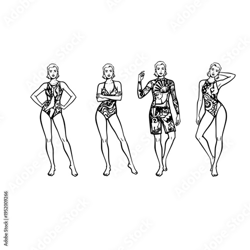 Four people with different poses and swimsuits