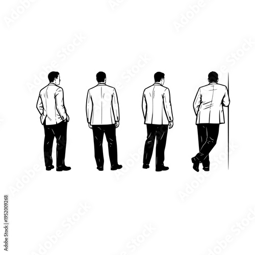 Four black and white illustrations of a man in different poses
