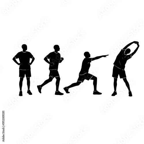 Four black silhouettes of men in various exercise positions