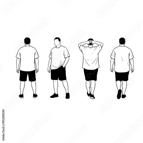 Four men in white shirts and black shorts in different poses