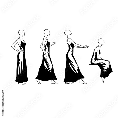 Four black and white illustrations of a woman in a long dress