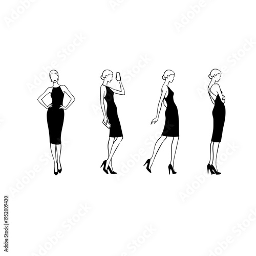 Four women in black dresses and high heels