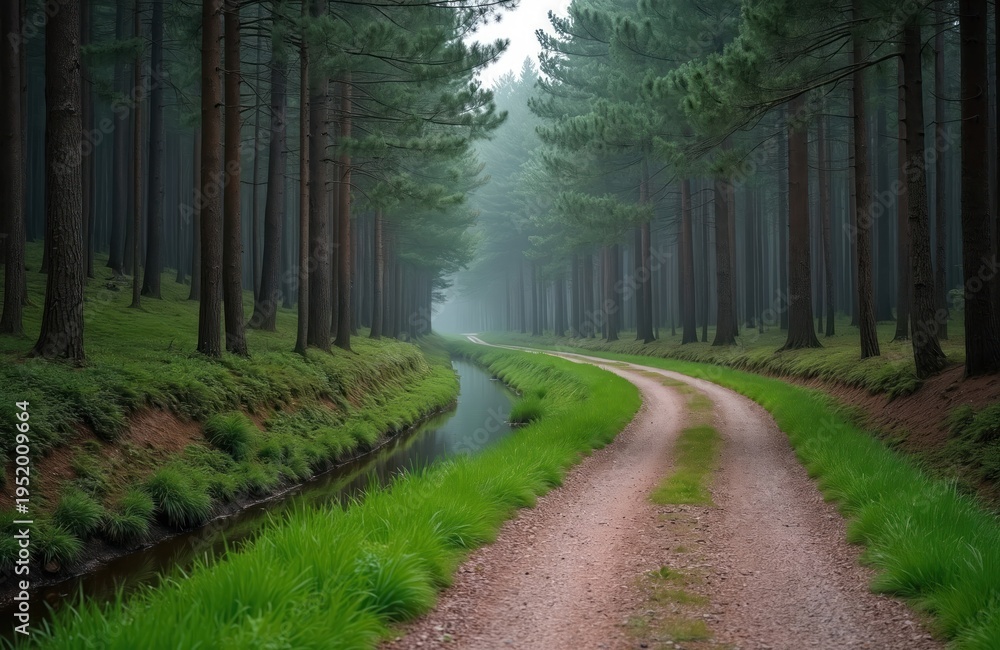 Fototapeta premium Winding dirt road goes through green pine forest. Water channel runs along path. Lush grass covers forest floor and borders the way. Serene nature scene in spring.