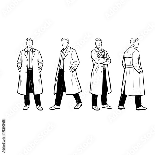 Four different poses of a man wearing a long coat