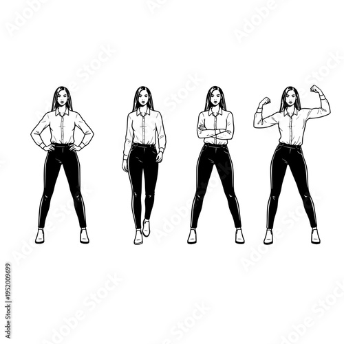 four poses of a woman in business casual outfit vector illustration