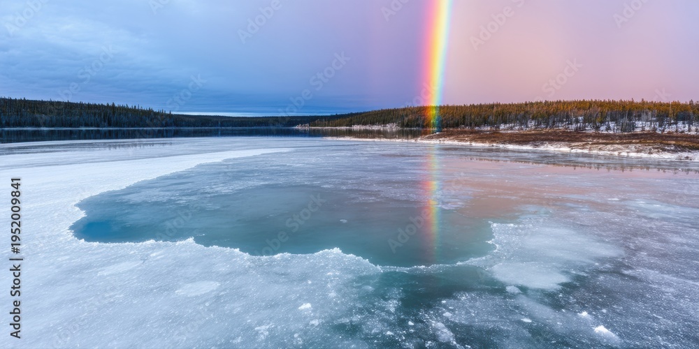 Fototapeta premium Frozen lake reflects rainbow. Distant trees line horizon under pastel sky. Winter scene evokes serenity, beauty.