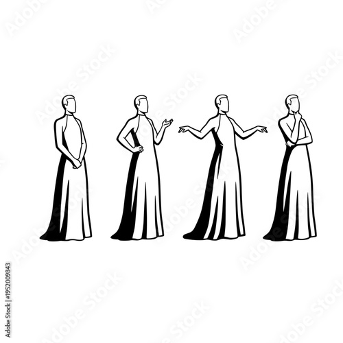 Four people standing in different poses in long dresses
