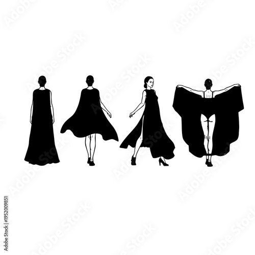 Four black silhouettes of women in different dresses