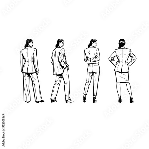 Four different poses of a businesswoman in a suit