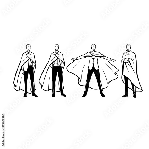Four different poses of a man wearing a cape