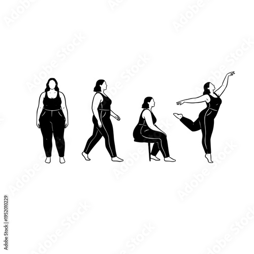 Minimalist black and white line art illustration featuring a curvy woman in four different poses