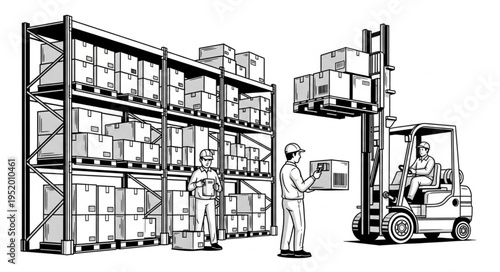 Warehouse Operations - Forklift, Workers, and Shelved Inventory Illustration.