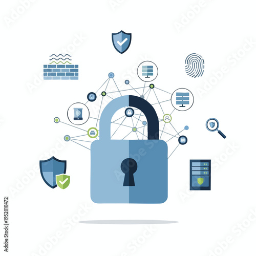 Digital network security with lock, shields, fingerprint, servers, and firewall