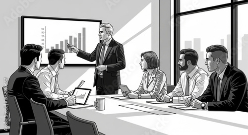 Business meeting with presentation of financial data and team discussion.