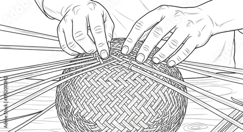 Hands weaving a basket with intricate patterns and natural materials.