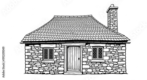 Detailed Stone Cottage Illustration with Chimney and Shingled Roof.