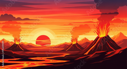 Volcanic Landscape with Erupting Volcanoes and Lava Flowing into the Distance.