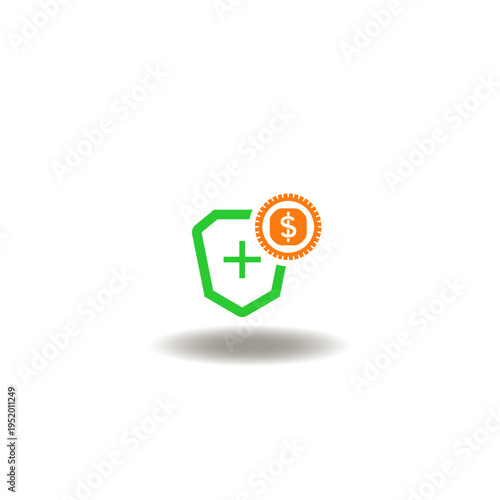 Vector illustration of shield with health care cross and money coin. Symbol of HSA Health Savings Account.