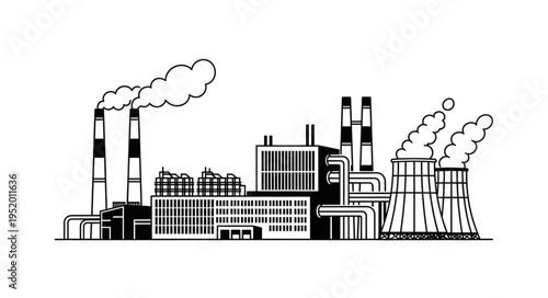 Industrial Plant Illustration - Factory with Chimneys and Smoke Emissions.