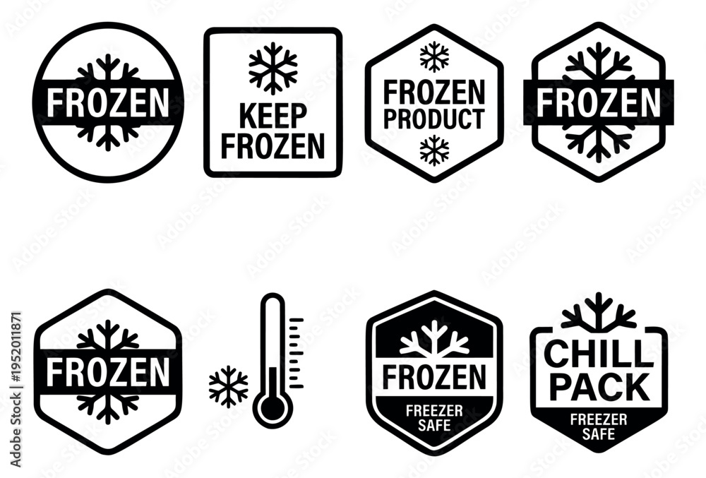 Obraz premium Line art icon set featuring frozen food, chill pack, and temperature symbols for food packaging and safety