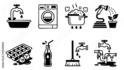 Graphic household water icons set featuring faucets, a washing machine, a boiling pot, a garden hose, and other liquid-related items for domestic tasks
