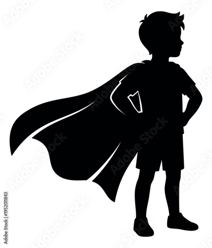 Silhouette illustration of a little boy in a superhero cape depicting a heroic stance for childhood imagination