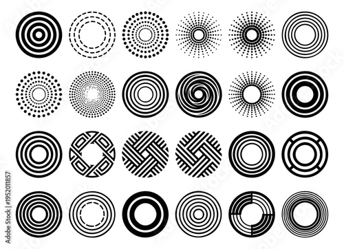 Abstract line art circular elements set featuring concentric rings, dotted patterns, and geometric designs for modern branding