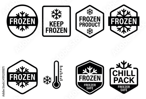 Line art icon set featuring frozen food, chill pack, and temperature symbols for food packaging and safety