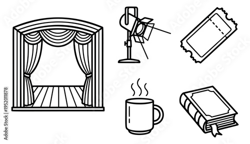 Line art entertainment icon set featuring a stage, spotlight, ticket, mug, and book for creative content