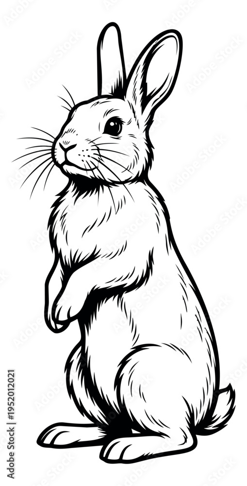 Fototapeta premium Hand drawn line art illustration of a rabbit depicting an alert upright stance for spring and animal-themed designs