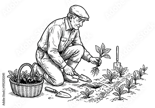 Hand drawn line art illustration of a gardener depicting planting seedlings for gardening
