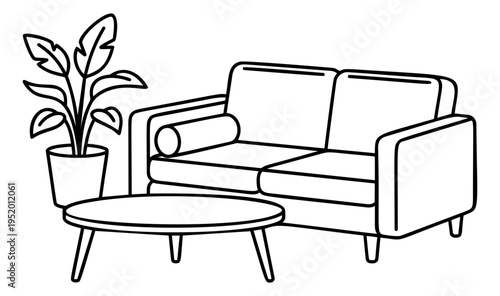 Line art living room set featuring a sofa, coffee table, and potted plant for home decor