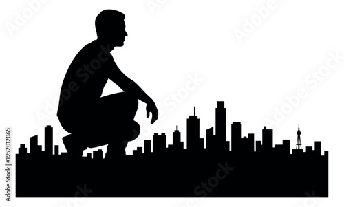 Silhouette illustration of a man squatting and observing a city skyline for urban contemplation