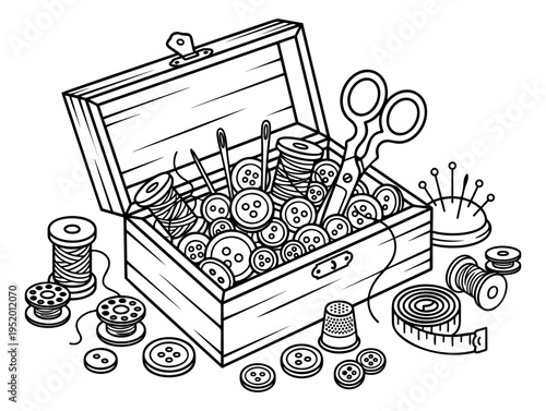Hand drawn line art sewing supplies set featuring a box of buttons, threads, scissors, and a thimble for crafting and tailoring