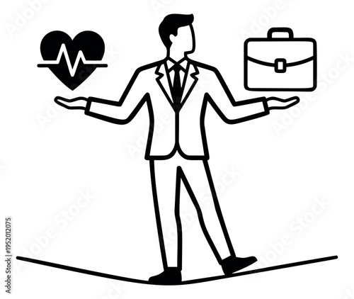 Line art illustration of a businessman depicting balancing a heart and a briefcase for work life balance