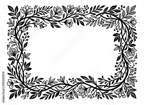 Hand drawn illustration of a botanical floral frame depicting intricate leaves, flowers, and berries for elegant invitations