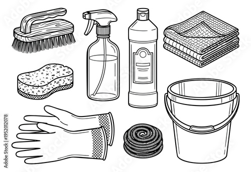 Hand drawn line art cleaning supplies set featuring a brush, spray bottle, detergent, towels, bucket, gloves, sponge, and scrubber for home hygiene