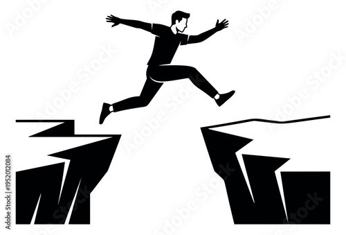 Graphic silhouette illustration of man depicting jumping over a chasm for challenge and success concepts