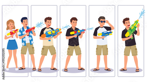 People playing with water guns during summer festival celebration set