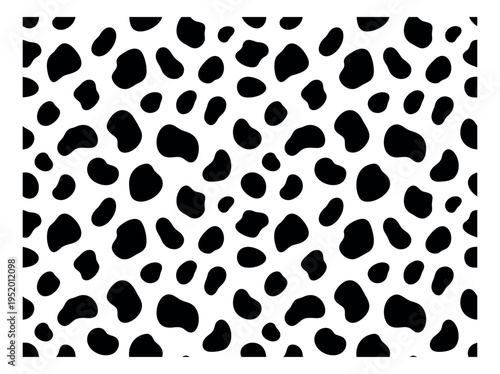 Graphic illustration of a seamless cow print pattern depicting irregular black spots for textile design