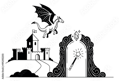 Line art fantasy elements set featuring a flying dragon, a majestic castle, and a magical archway with a glowing wand for mythical adventures