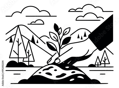 Line art illustration of a hand planting a seedling depicting environmental care for nature conservation