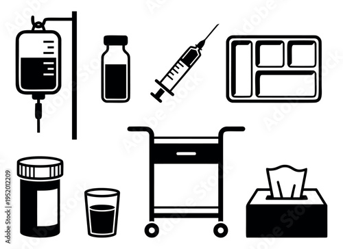 Minimalist medical icon set featuring hospital equipment and patient care items for healthcare concepts